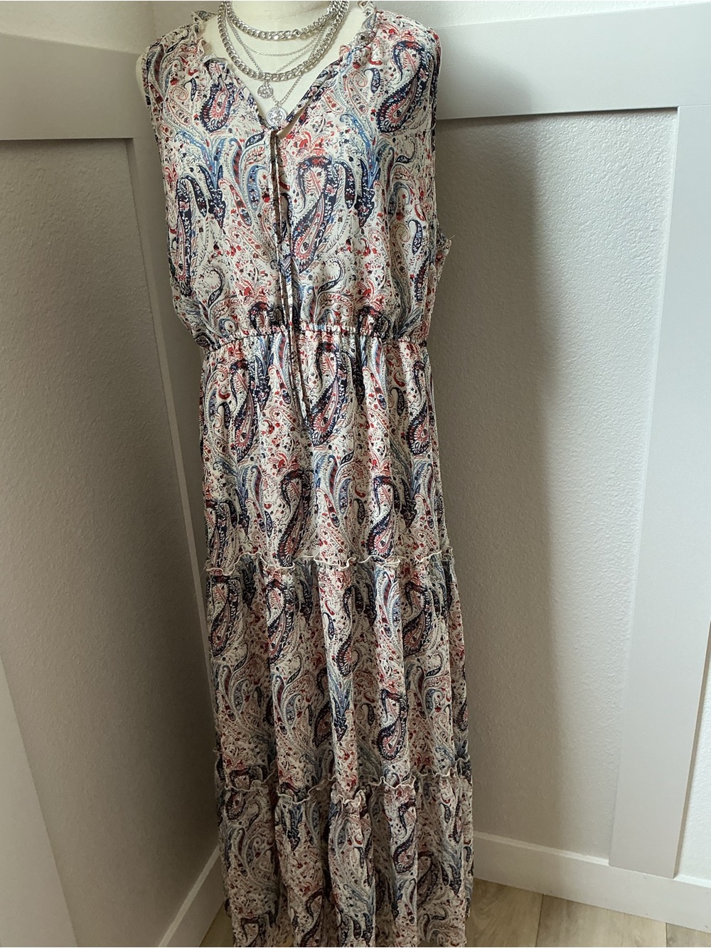 Indigo Rose Paisley Maxi Dress - Sleeveless Tie Neck - Picture 7 of 9
